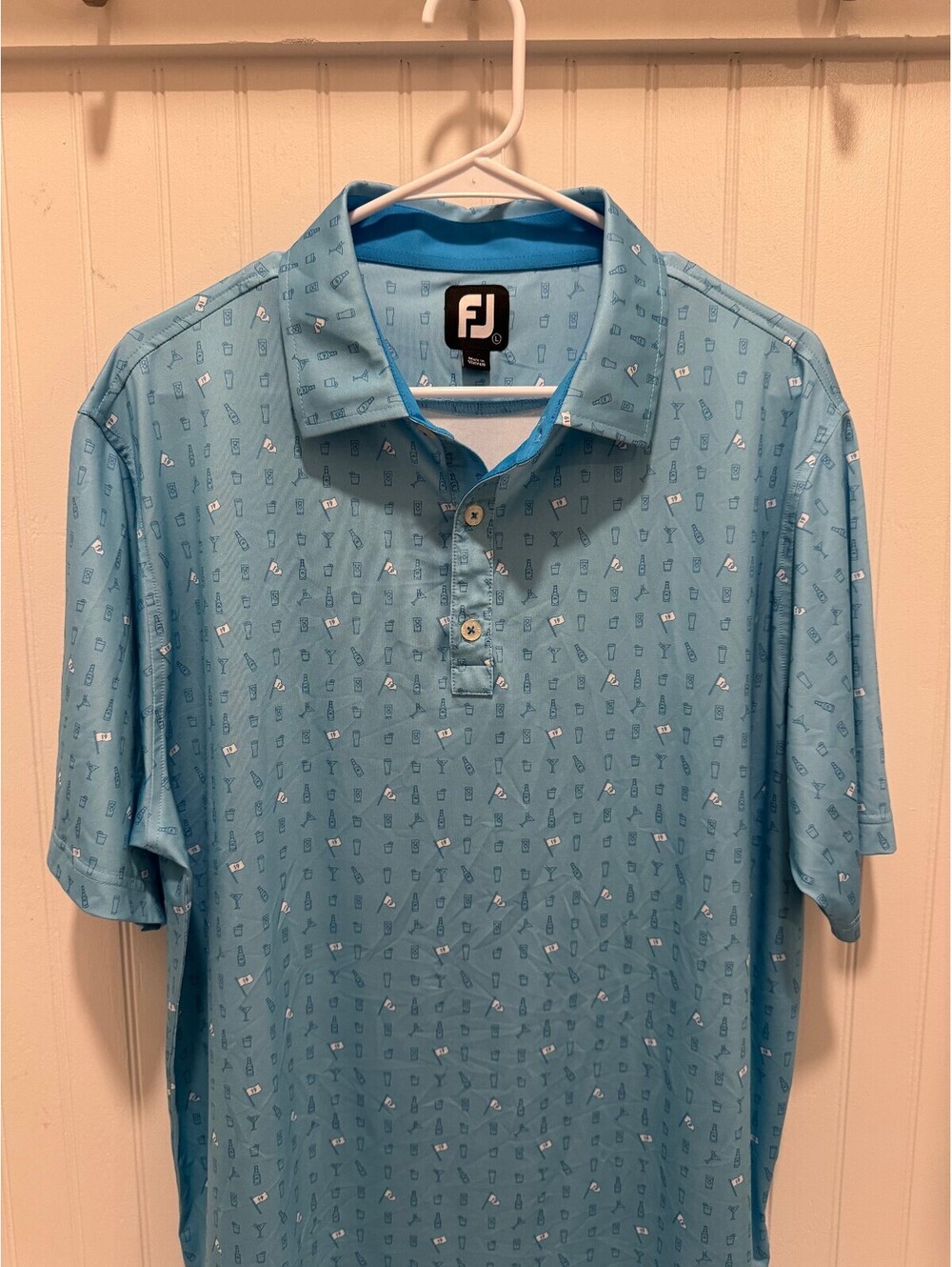 FootJoy Men's Blue Printed Golf Polo Shirt 19th Hole Size Large Short Sleeve